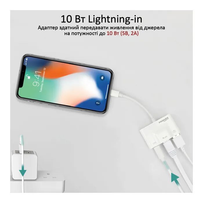Адаптер Lightning to RJ45 Ethernet + USB 3.0 OTG + Lightning Promate (gigalink-i.white) изображение 4