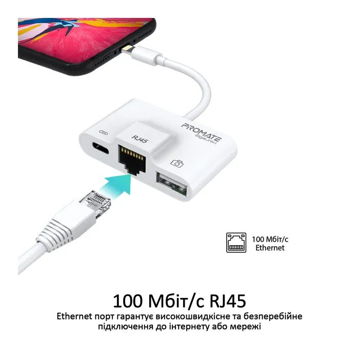 Адаптер Lightning to RJ45 Ethernet + USB 3.0 OTG + Lightning Promate (gigalink-i.white) изображение 5