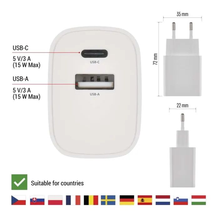 Зарядний пристрій EMOS V02B15 1xUSB-A + 1xUSB-C 15W GaN (V02B15) зображення 5