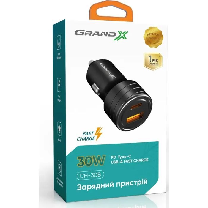 Зарядное устройство Grand-X CH-30B 30W 1xUSB + 1xUSB-C PD + QC3.0 AFC FCP SCP VOOC Black (CH-30B) изображение 3