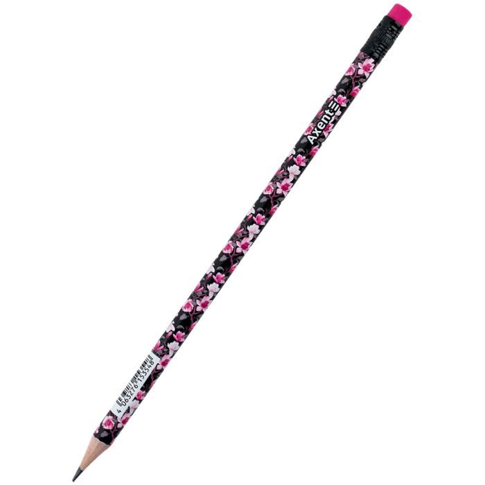 Карандаш графитный Axent Floral Black круглый, с резинкой, НВ (9009/36-14-A)