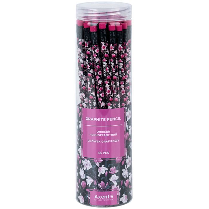 Карандаш графитный Axent Floral Black круглый, с резинкой, НВ (9009/36-14-A) изображение 2