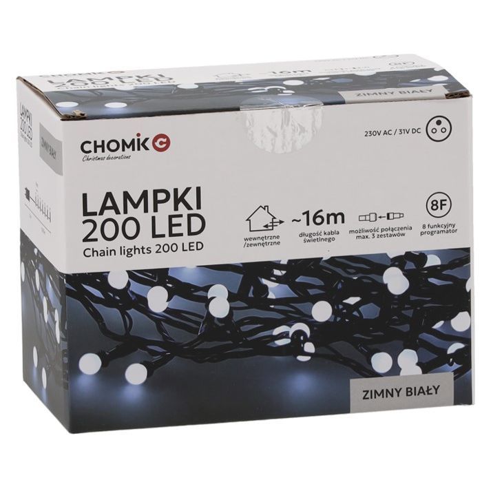 Гирлянда Chomik Кульки-змійка 200 LED 16 м, холодний білий, IP44, від мережі (5900779880153)
