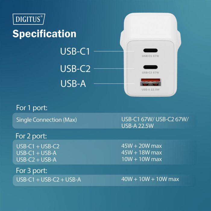 Зарядное устройство Digitus 2xUSB-C + 1xUSB 67W GaN (DA-10303) изображение 12