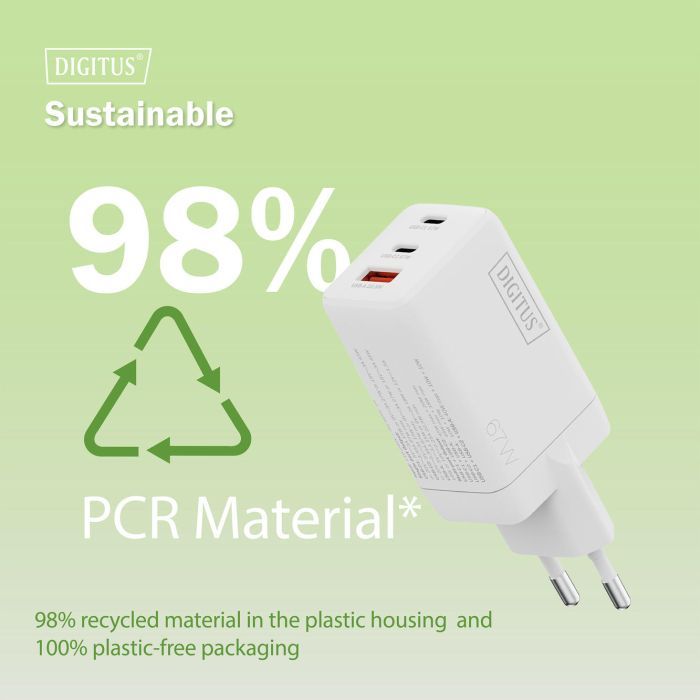 Зарядний пристрій Digitus 2xUSB-C + 1xUSB 67W GaN (DA-10303) зображення 7