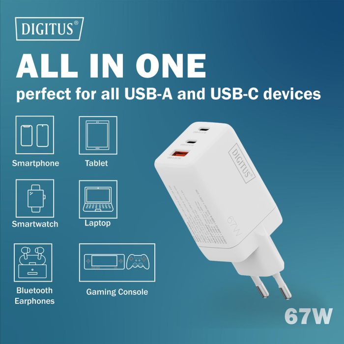 Зарядное устройство Digitus 2xUSB-C + 1xUSB 67W GaN (DA-10303) изображение 8