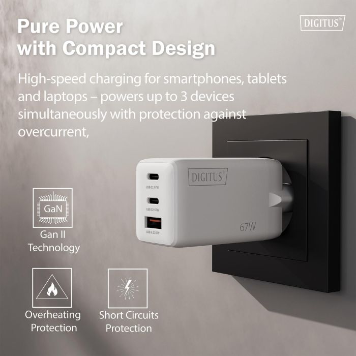 Зарядное устройство Digitus 2xUSB-C + 1xUSB 67W GaN (DA-10303) изображение 9