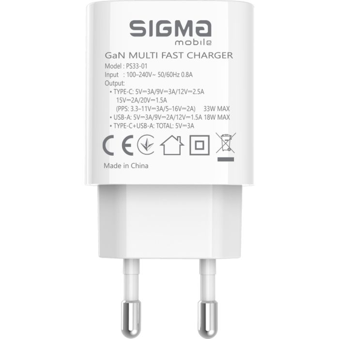 Зарядное устройство Sigma 1xUSB-C PD33W + 1xUSB QC3.0 GaN X-power PS33-01 white (4827798527719) изображение 3
