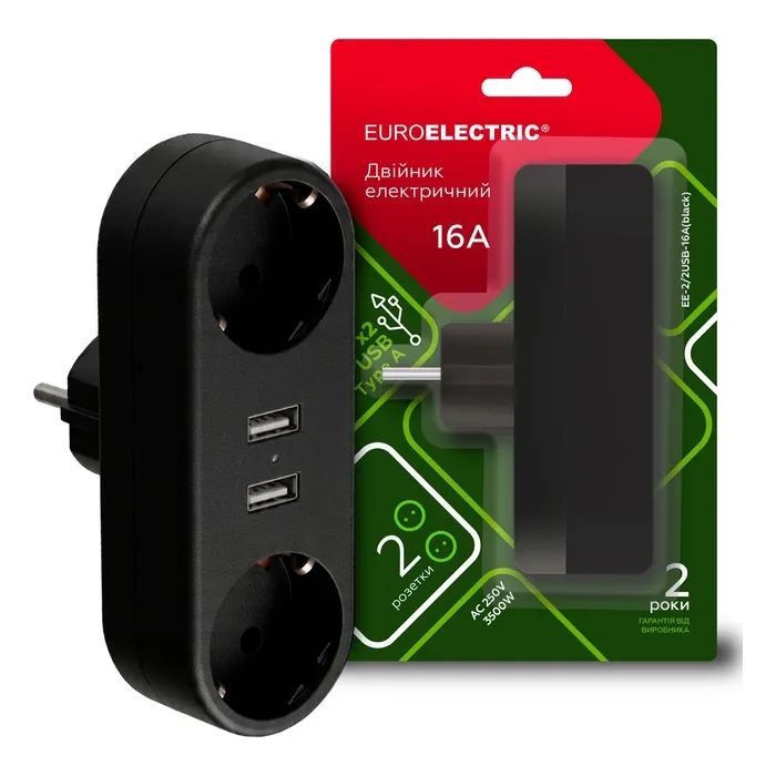 Сетевой разветвитель EUROELECTRIC X2 16A 2xUSB Black с заземлением (EE-2/2USB-16A(black)) изображение 2