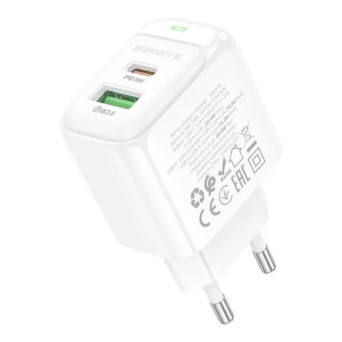 Зарядное устройство BOROFONE BAS44A 1xUSB-C PD20W + 1xUSB QC3.0 white (6941991113840) изображение 5