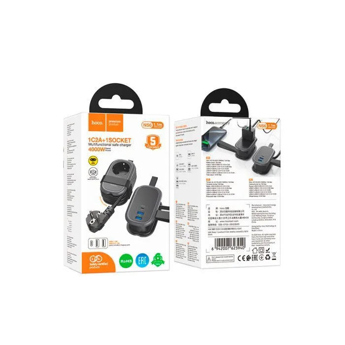 Сетевой фильтр питания HOCO NS6 1 роз, 2 USB, USB-C, 30W, 1.1м, Black (NS6B) изображение 2