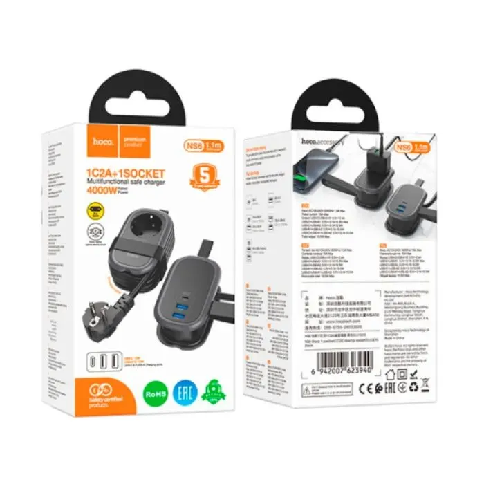 Сетевой фильтр питания HOCO NS6 1 роз, 2 USB, USB-C, 30W, 1.1м, Black (NS6B) изображение 6