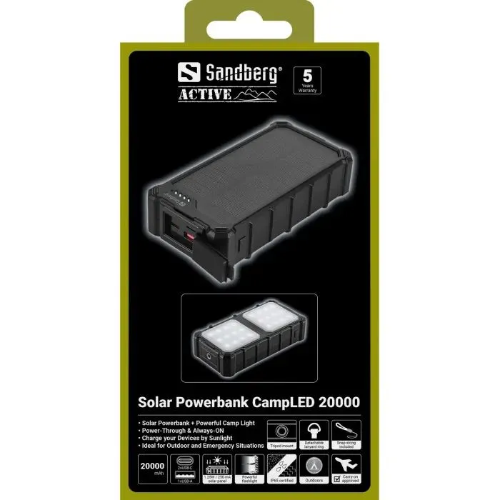 Батарея універсальна Sandberg 20000mAh, 22,5W, PD, Solar, CampLED, PowerThrough, IP65 (421-24) зображення 7