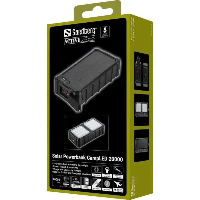 Батарея універсальна Sandberg 20000mAh, 22,5W, PD, Solar, CampLED, PowerThrough, IP65 (421-24) зображення 8