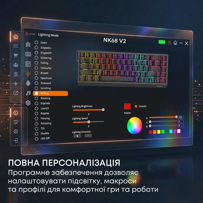 Клавіатура Ajazz NacodeX NK68 V2 Red Switch LED USB UA Black (NK68-V2-R-S-B) зображення 8
