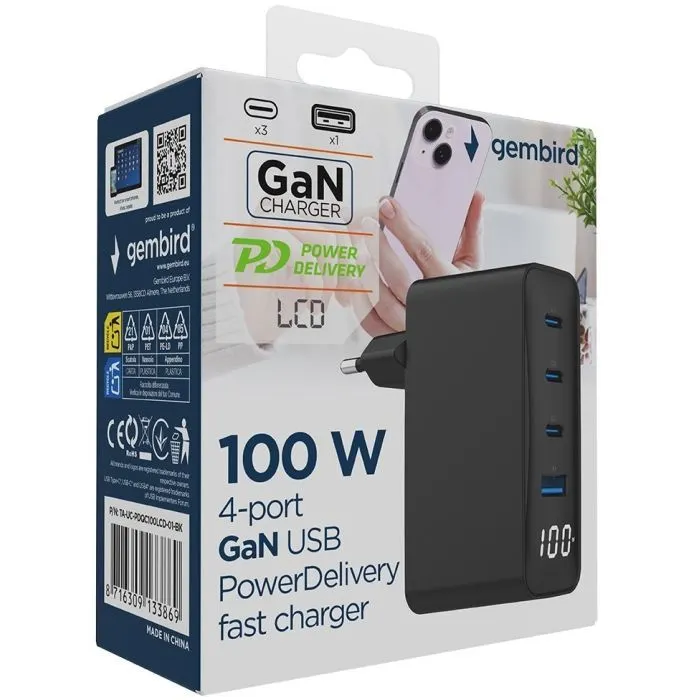 Зарядное устройство Gembird 3xUSB-C PD100W + 1xUSB QC3.0 30W black (TA-UC-PDQC100LCD-01-BK) изображение 5