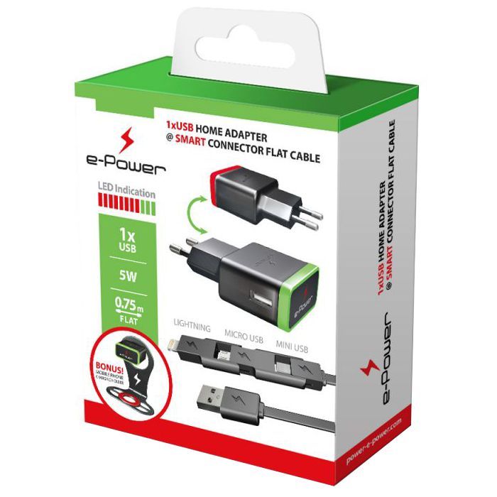 Зарядное устройство E-power 1 * USB 1A + смарт кабель (EP721HAS)