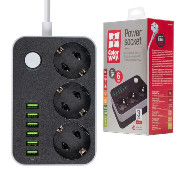 Сетевой фильтр питания ColorWay CW-CHЕ36B, 3 розетки/6USB Black 1.8M (CW-CHE36B) изображение 2