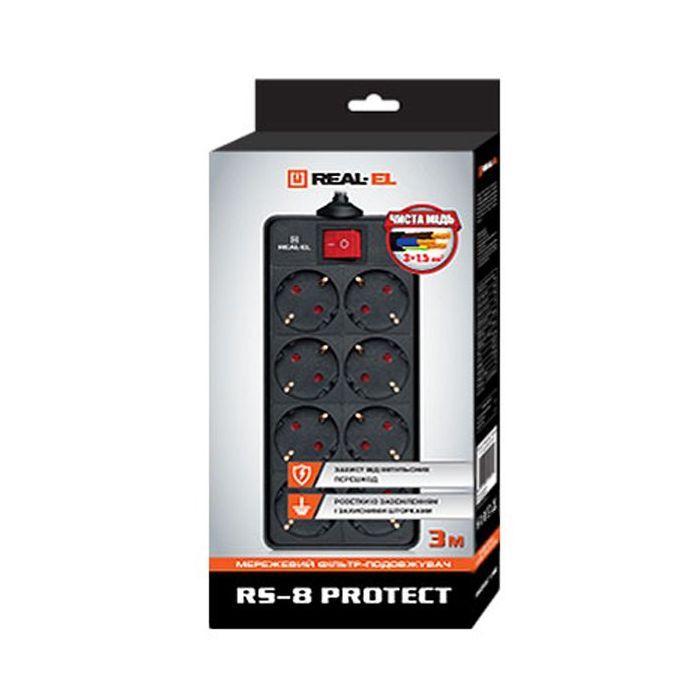 Сетевой фильтр питания REAL-EL REAL-EL RS-8 PROTECT, 1.8m, black (EL122300021) изображение 2