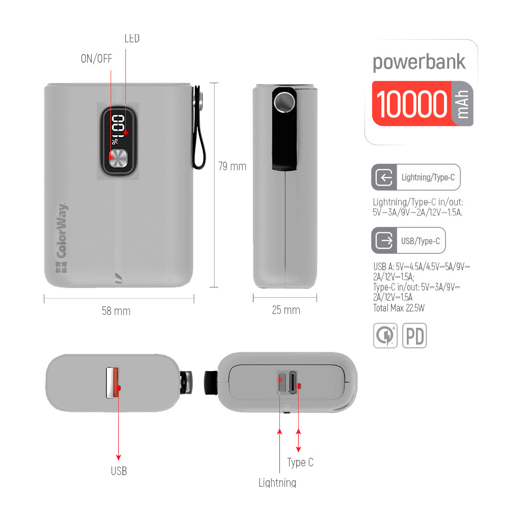 Батарея універсальна ColorWay 10 000 mAh Full power (USB QC3.0 + USB-C Power Delivery 22.5 (CW-PB100LPK2WT-PDD) зображення 3