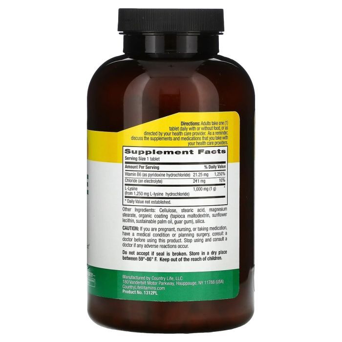 Амінокислота Country Life L-Лізин 1000мг, L-Lysine, 100 таблеток (CLF1311) зображення 2