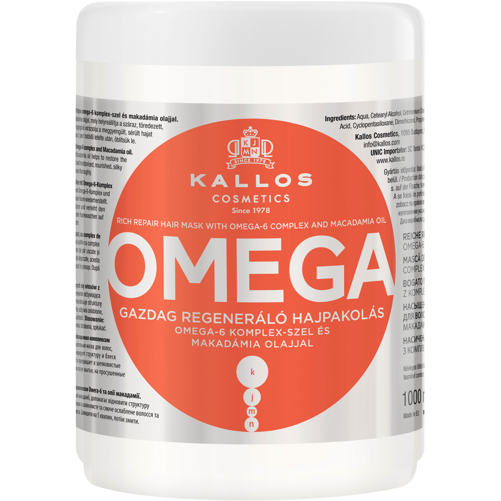 Маска для волос Kallos Cosmetics Omega Восстанавливающая с комплексом Омега-6 и маслом макадамии 1000 мл (5998889511524)