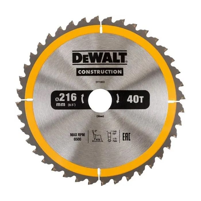 Диск пильний DeWALT СONSTRUCTION , 216 х 30, 40 z, АТВ, -5 градусів, універсальне застосування (DT1953)