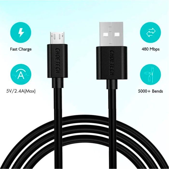 Дата кабель USB 2.0 AM to Micro 5P 1.2m 2.4A PVC Choetech (AB003) зображення 4