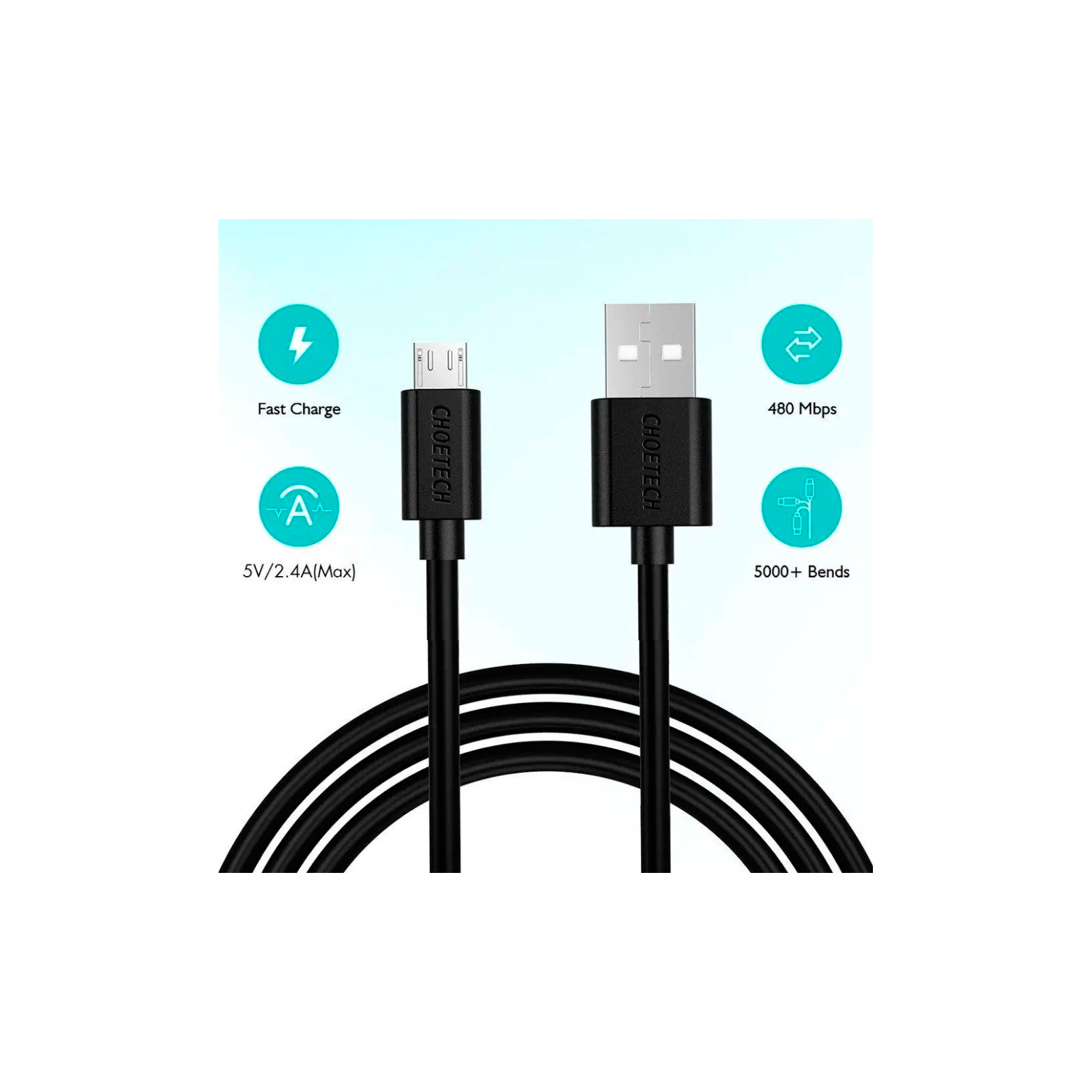 Дата кабель USB 2.0 AM to Micro 5P 1.2m 2.4A PVC Choetech (AB003) зображення 4