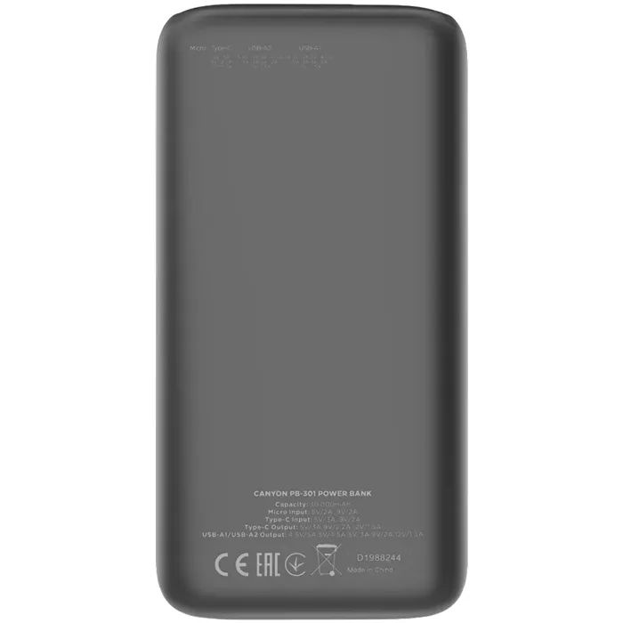 Батарея универсальная Canyon PB-301 30000mAh PD/20W, QC/3.0 (CNE-CPB301B) изображение 2