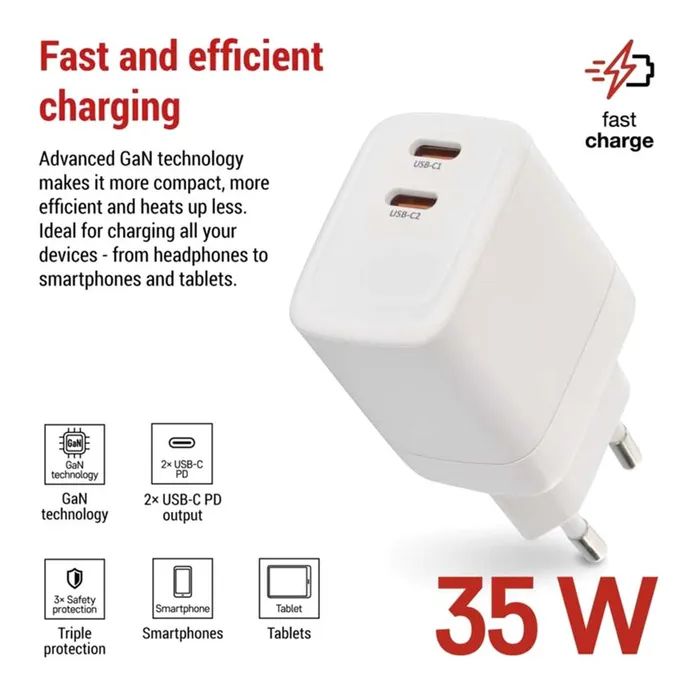 Зарядное устройство EMOS V03G35 2xUSB-C 35W GaN (V03G35) изображение 3