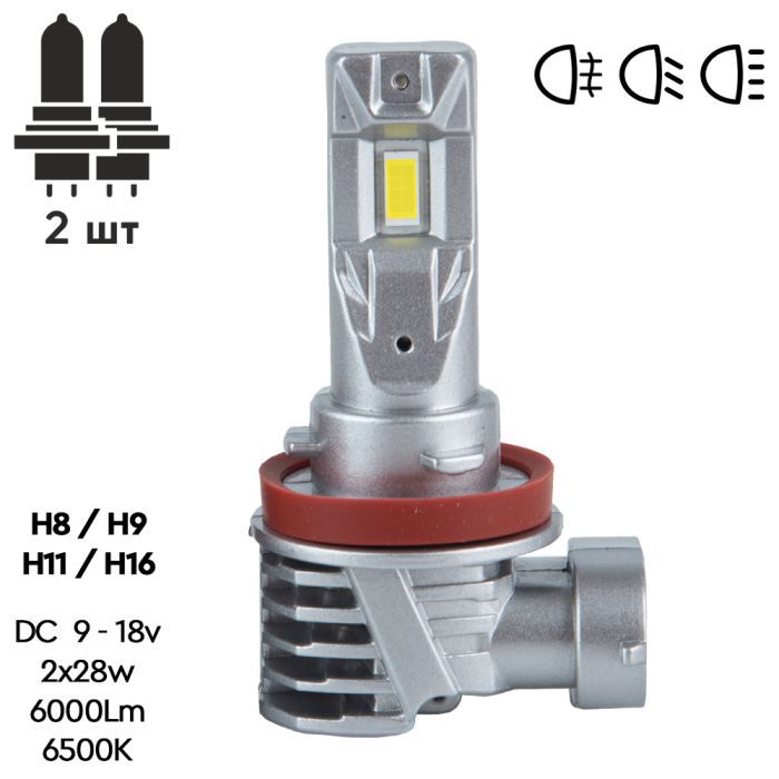 Автолампа PULSO LED-chips 7535/9-18v/2x28w/6000Lm/6500K (M6-H8/H9/H11/H16) изображение 2