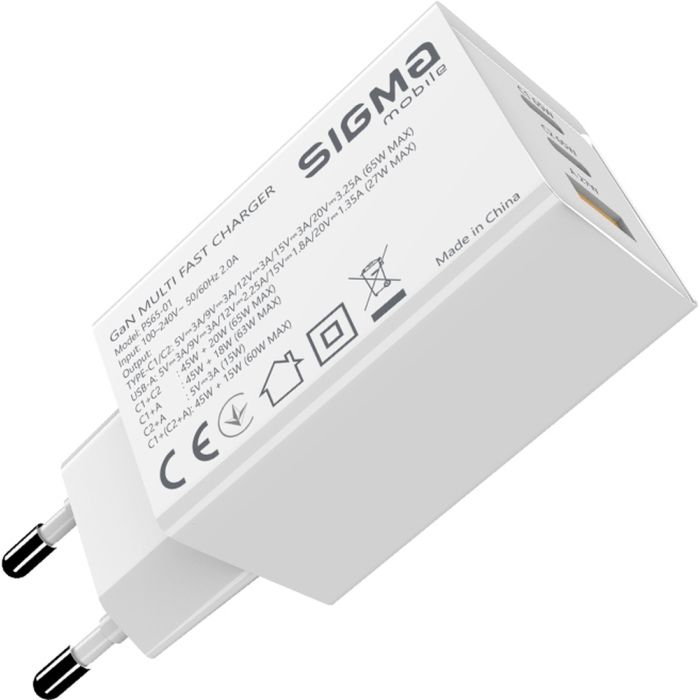 Зарядное устройство Sigma 2xUSB-C PD65W + 1xUSB QC3.0 GaN X-power PS65-01 white (4827798637715) изображение 10