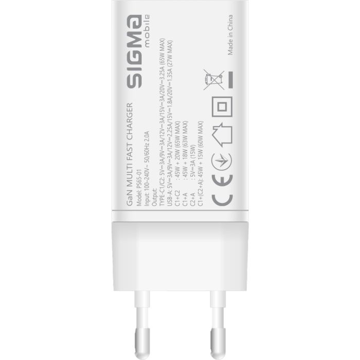 Зарядное устройство Sigma 2xUSB-C PD65W + 1xUSB QC3.0 GaN X-power PS65-01 white (4827798637715) изображение 3