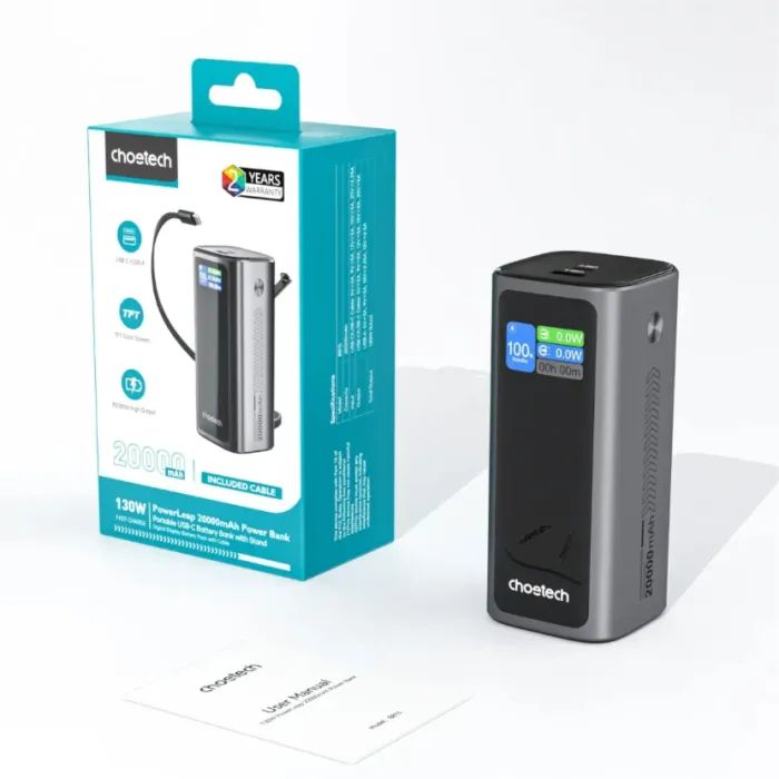 Батарея универсальная Choetech 20000mAh, PD/130W, QC, AFC , TFT, pass-through charging (B815C) изображение 4