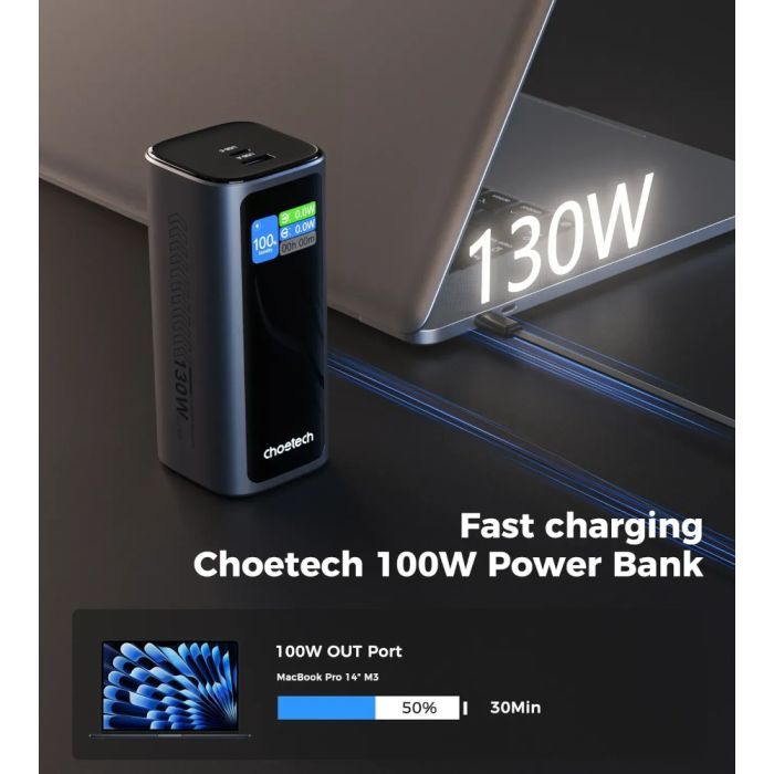 Батарея универсальная Choetech 20000mAh, PD/130W, QC, AFC , TFT, pass-through charging (B815C) изображение 5
