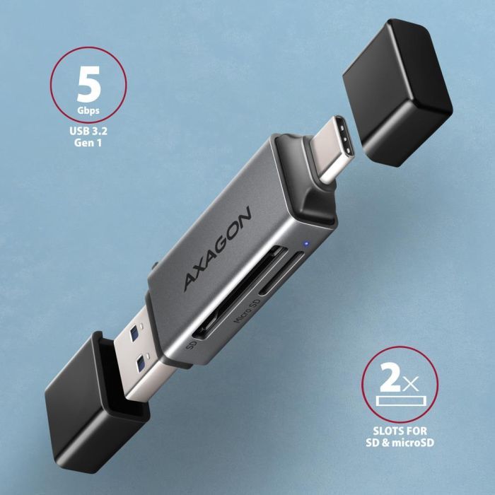 Зчитувач флеш-карт AXAGON USB-C + USB-A to SD/microSD 5Gbps gray (CRE-DAC) зображення 2