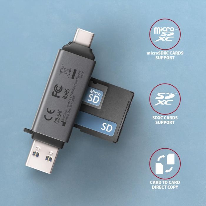 Зчитувач флеш-карт AXAGON USB-C + USB-A to SD/microSD 5Gbps gray (CRE-DAC) зображення 3