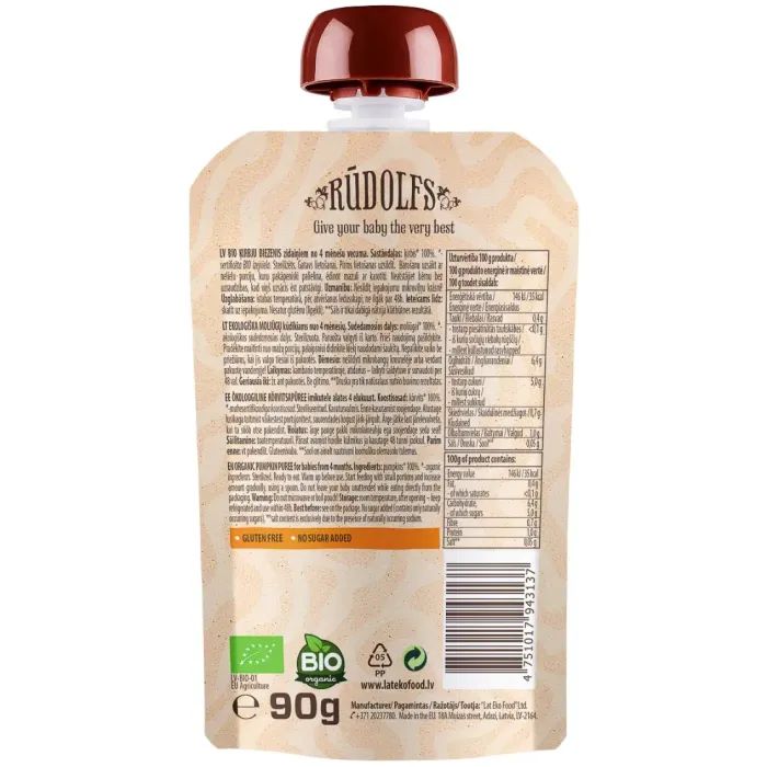 Детское пюре Rudolfs органічне гарбуз 4+, 90 г (4751017943137) изображение 2