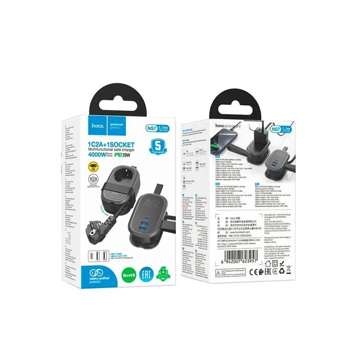 Сетевой фильтр питания HOCO NS7 1 роз, 2 USB,USB-C, 20W, 1.1м, Black (NS7B)