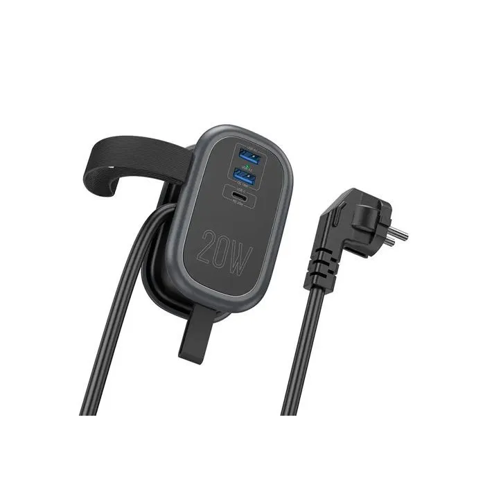 Сетевой фильтр питания HOCO NS7 1 роз, 2 USB,USB-C, 20W, 1.1м, Black (NS7B) изображение 3