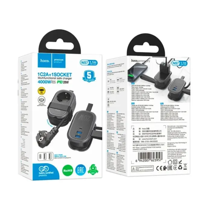 Сетевой фильтр питания HOCO NS7 1 роз, 2 USB,USB-C, 20W, 1.1м, Black (NS7B) изображение 7