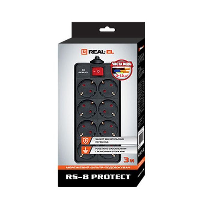 Мережевий фільтр живлення REAL-EL REAL-EL RS-8 PROTECT, 3m, black (EL122300022) зображення 2