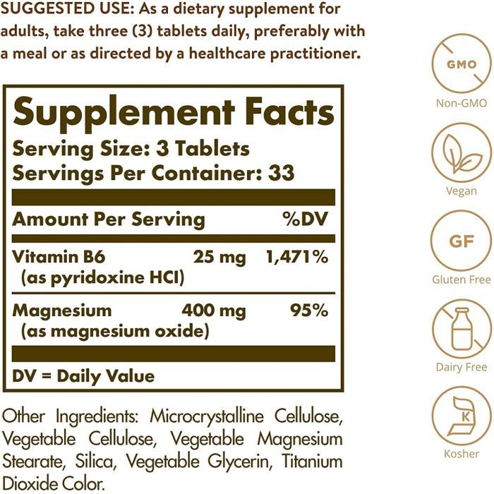 Минералы Solgar Магний с Витамином B6, Magnesium with Vitamin B6, 100 табле (SOL01720) изображение 2