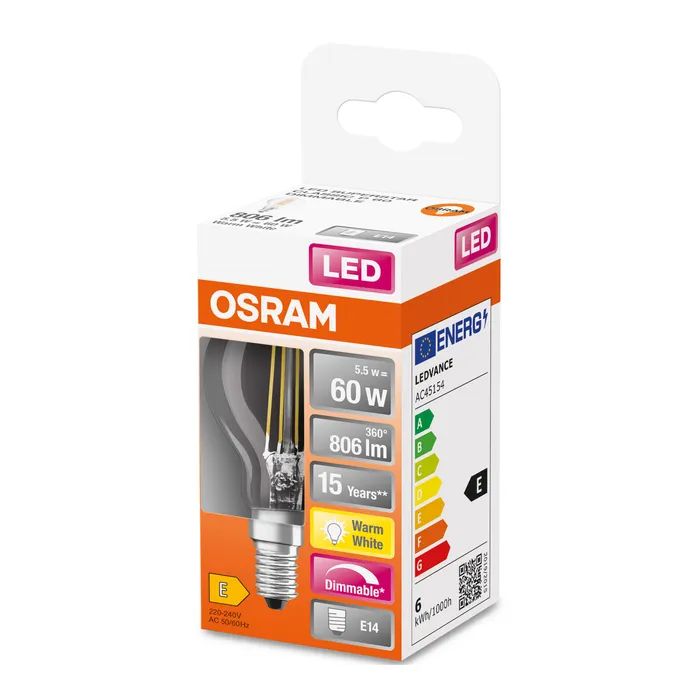 Лампочка Osram LED CL P60 DIM 6,5W/827 230V FIL E14 10x1 (4058075447875) изображение 4