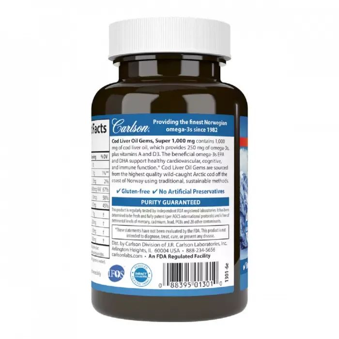 Жирні кислоти Carlson Жир із печінки Норвезької Тріски, 1000 мг, Cod Liver Oil, 10 (CAR-01301) зображення 3