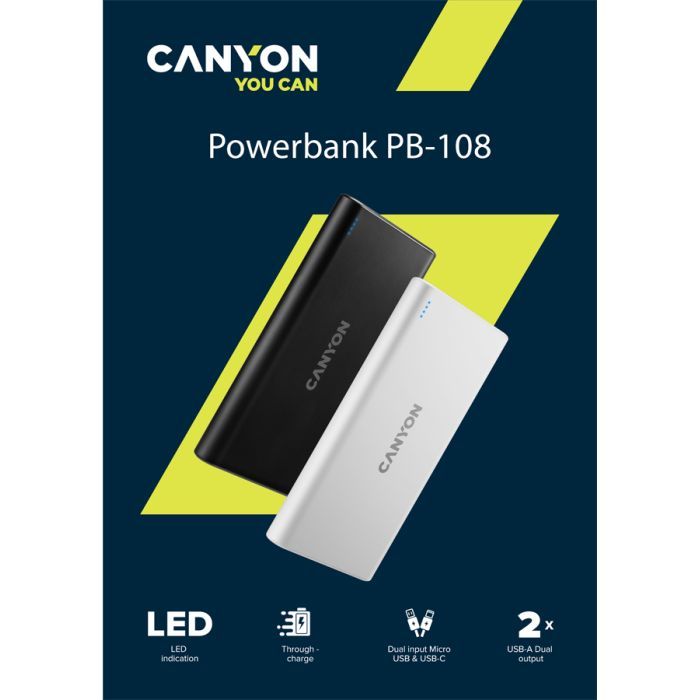 Батарея универсальная Canyon PB-108 10000mAh, Input 5V/2A, Output 5V/2.1A(Max), black (CNE-CPB1008B) изображение 7