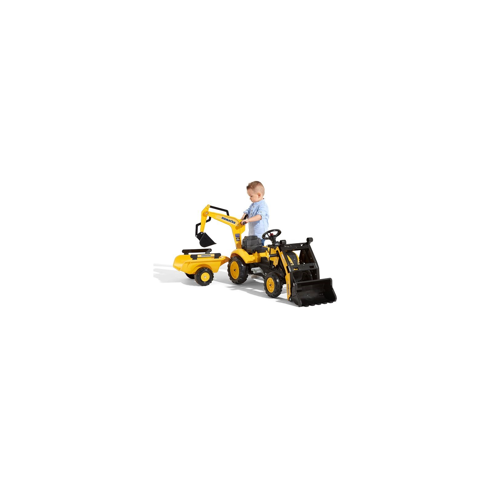 Веломобиль Falk Komatsu трактор на педалях с прицепом, передним и задним ковшом Желтый (2076N) изображение 2