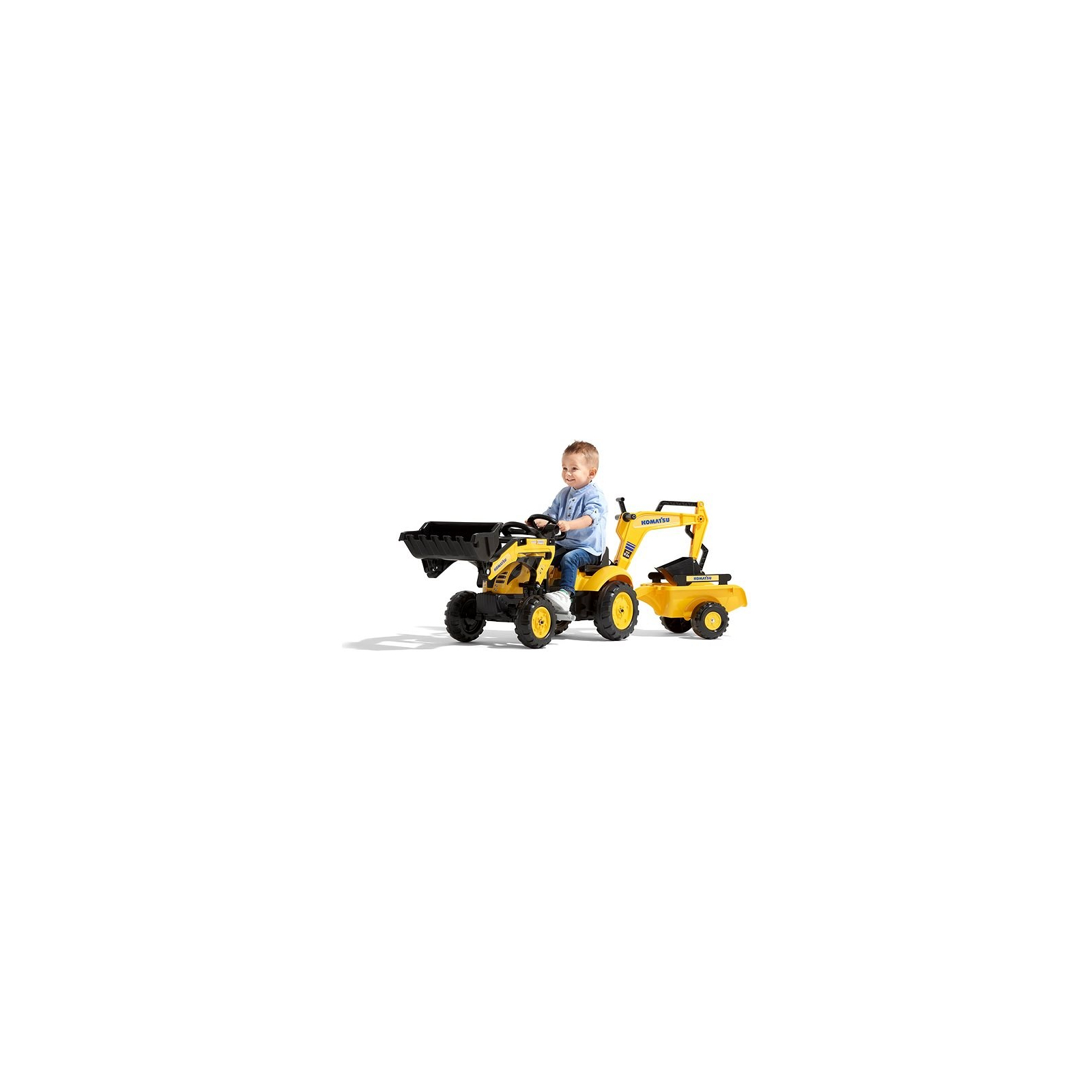 Веломобиль Falk Komatsu трактор на педалях с прицепом, передним и задним ковшом Желтый (2076N) изображение 3