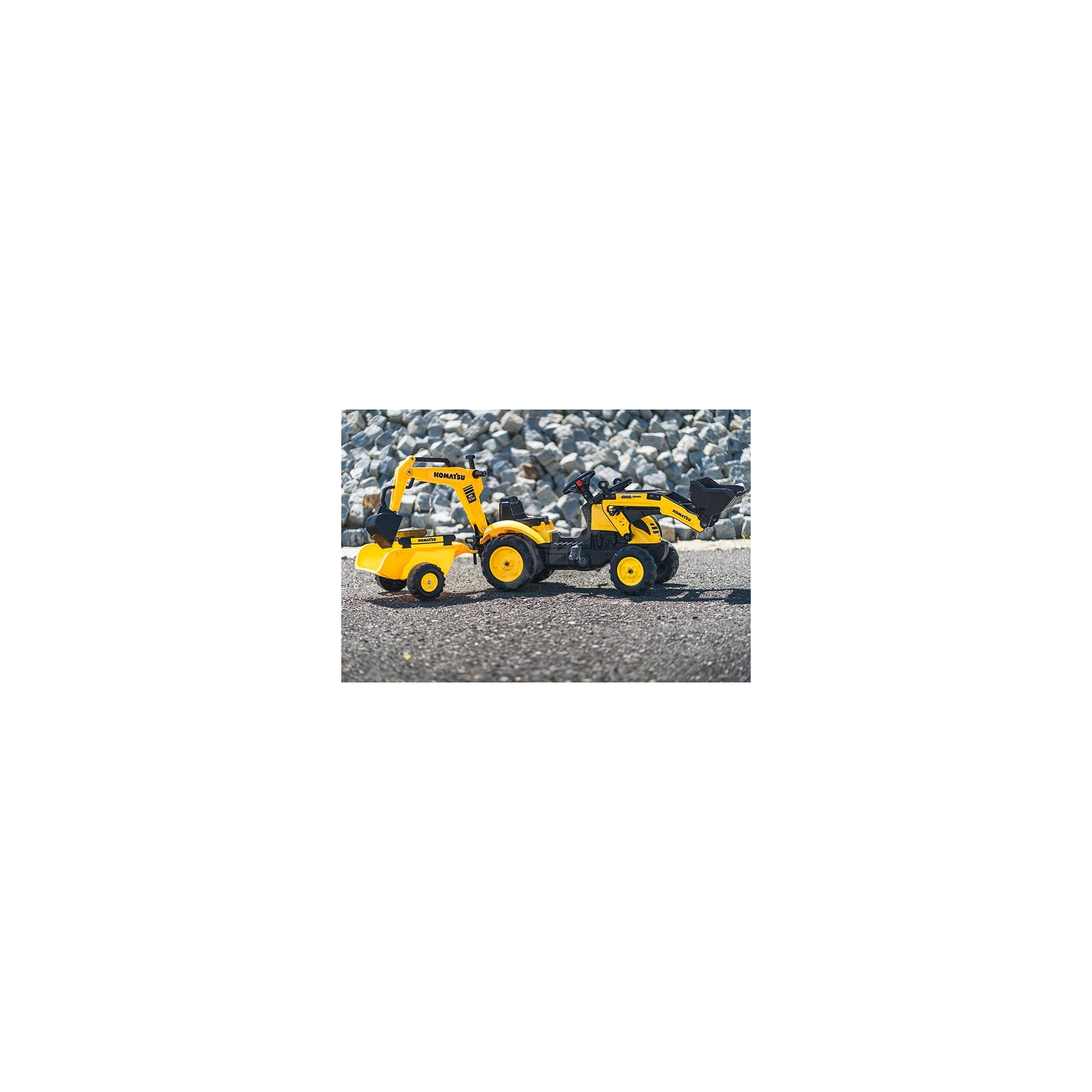 Веломобиль Falk Komatsu трактор на педалях с прицепом, передним и задним ковшом Желтый (2076N) изображение 4